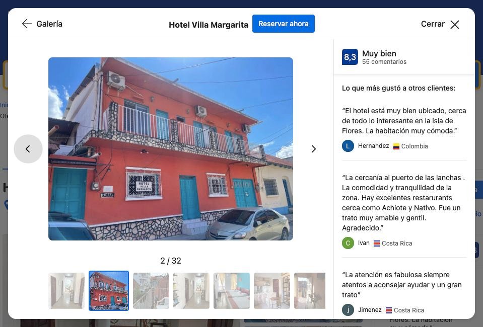 Fachada del Hotel Villa Margarita en Flores, Petén